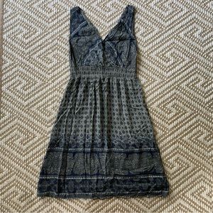 Paisley Print V-Neck Summer Dress Green Blue Smocked Waist M